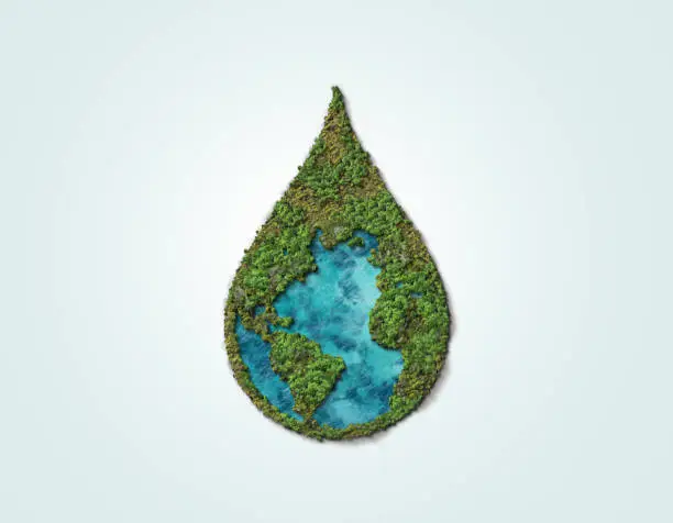 Earth in drop shape 3d green trees.World Water Day green water drop concept. World environment day concept background.