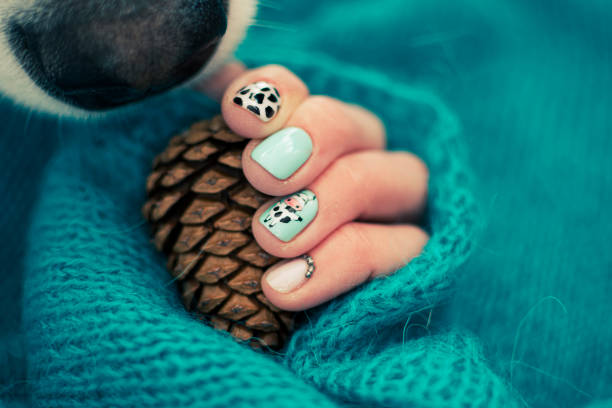 Dog nose sniffing female hand holding a cone. Colorful funny manicure, handmade knitted pattern wrapped around the arm. Selective focus on the details, blurred background.