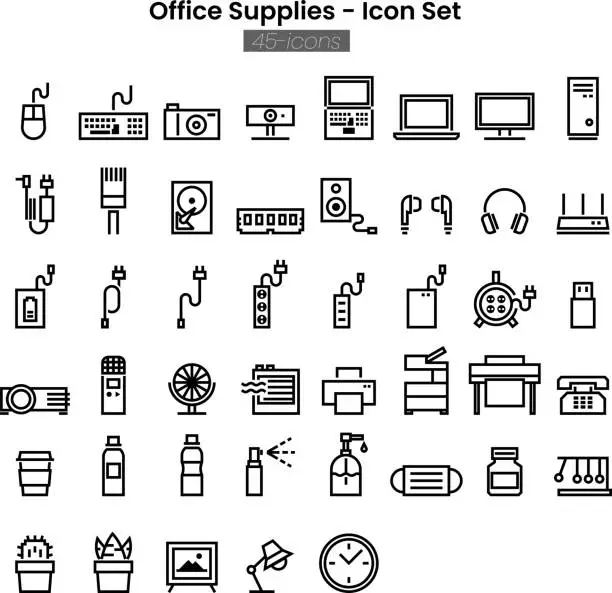 Vector illustration of Vector outline flat icon set Office supplies