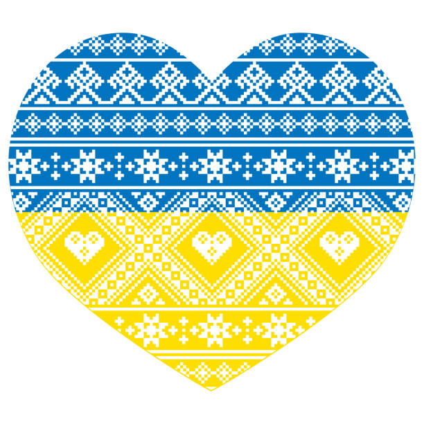 Ukrainian flag - heart shape with Vyshyvanka folk art vector seamless pattern, traditional emboidery design Retro flag decoration inspired by the old scross-stitch designs from Ukraine ukrainian culture stock illustrations