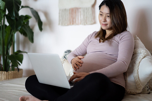 Smiling young Asian pregnant woman managing online banking with laptop at home, handling banking and finance with easy access online. Technology makes life so much easier. Pregnancy lifestyle. Finance and banking with technology concept