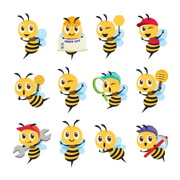 Vector illustration of Collection of flat design cartoon cute bee character set in different poses. Bee holds different items and different action. Vector bee mascot set