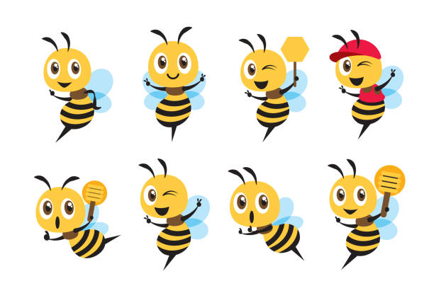 フラットデザイン漫画かわいいビーマスコットセット異なるポーズ。勝利サインを示す漫画のかわいい蜂は、蜂蜜のディッパーを保持し、キャップを身に着けています。フラット ベクターの - medium group of animals点のイラスト素材／クリップアート素材／マンガ素材／アイコン素材