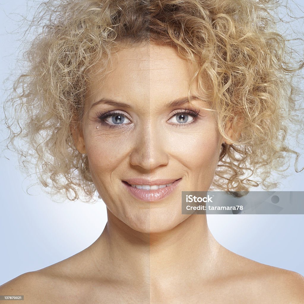 Beauty / Photo retouch, before and after Portrait of a beautiful blond woman with blue eyes. Right side of the image is retouched to make her more beautiful, and the left side is not processed Before and After Stock Photo