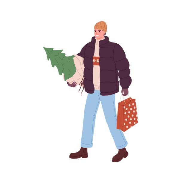 ilustrações de stock, clip art, desenhos animados e ícones de person carrying christmas fir tree and shopping bag. man walking with festive firtree. preparations for winter holidays, xmas and new year. flat vector illustration isolated on white background - new years eve christmas paper christmas fir tree