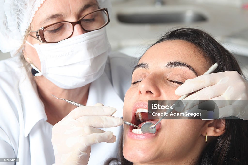 Dental inspection patient’s open mouth before oral checkup with mirror near by Adult Stock Photo