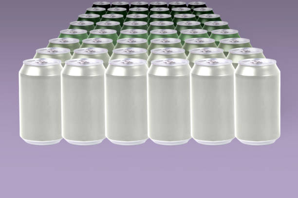 istock Bright aluminum cans forming a green gradient on a purple background. Green color gradient 1378732489
