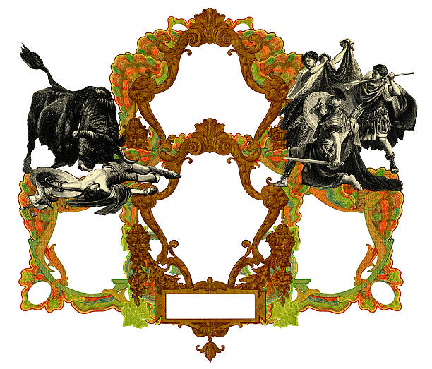 Old Frame Luxurious Victorian frame with gladiator and bull. ancient roman helmets pictures stock illustrations