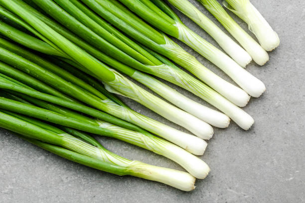 istock Fresh spring onions with green chive on gray background 1378745402