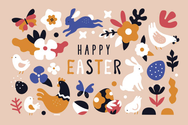 ilustrações de stock, clip art, desenhos animados e ícones de happy easter greeting card. - easter vector holiday design element