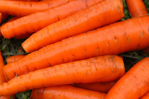 Fresh ripe washed carrots. Close-up. Background.