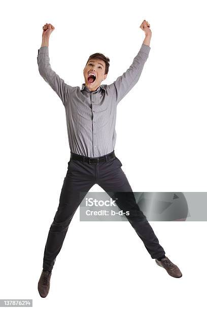 Geschäftsmann Springen In Der Feier Stockfoto und mehr Bilder von Arme hoch - Arme hoch, Aufregung, Braunes Haar