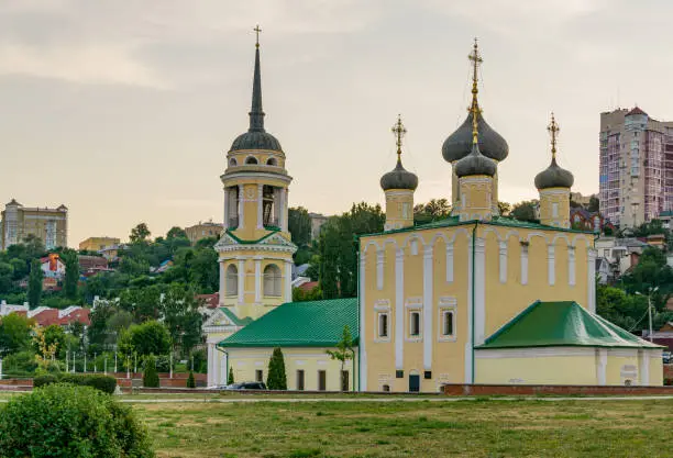 Assumption Admiralty Church in Voronezh - the Oldest «Maritime» Temple in Russia was first mentioned in 1594. Domes of Church on Admiralty Square with golden crosses. Voronezh, Russia - June 11, 2019