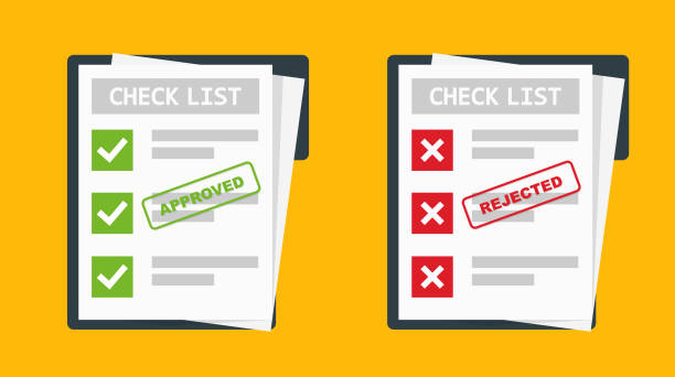 Approved and rejected paper document. Right and wrong report. Approved and rejected paper document. Right and wrong report. Document with stamp green check mark and red cross. Vector illustration. fail stamp stock illustrations