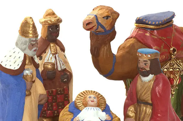 The three Magi visit the new-born child Jesus. The clayed figures of South France are called "Santons" and are a traditional way to illustrate bible and countryside scenics