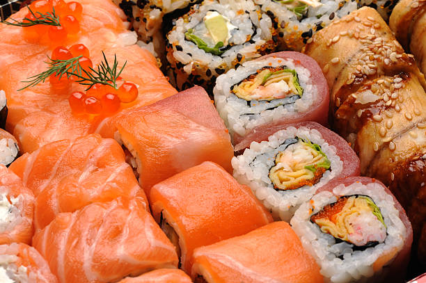 Sushi and rolls stock photo