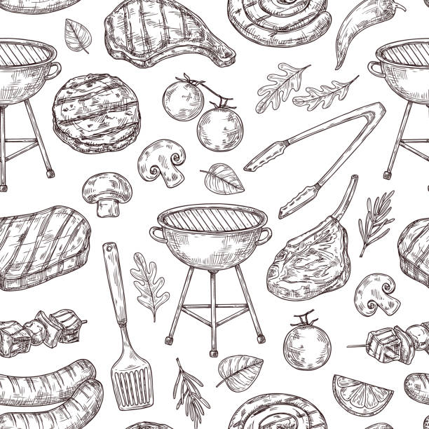 bezszwowy wzór bbq. zdrowy grill wieprzowy, grill chef party. szkic kawiarni restauracyjnej, izolowany stek z mięsa doodle. piknikowa neoteryczna tekstura wektorowa - roasted stock illustrations