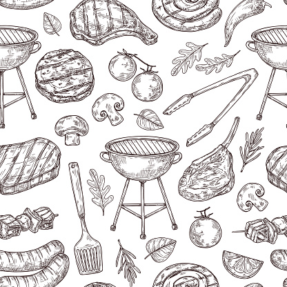 Bbq seamless pattern. Healthy pork grill, barbecue chef party. Restaurant cafe sketch, isolated doodle meat steak. Picnic neoteric vector texture. Illustration of bbq food, barbecue pattern