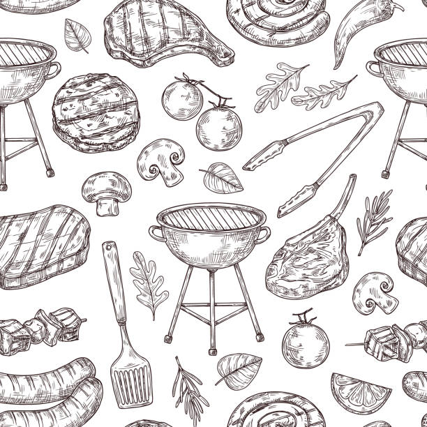 Bbq seamless pattern. Healthy pork grill, barbecue chef party. Restaurant cafe sketch, isolated doodle meat steak. Picnic neoteric vector texture Bbq seamless pattern. Healthy pork grill, barbecue chef party. Restaurant cafe sketch, isolated doodle meat steak. Picnic neoteric vector texture. Illustration of bbq food, barbecue pattern chef patterns stock illustrations