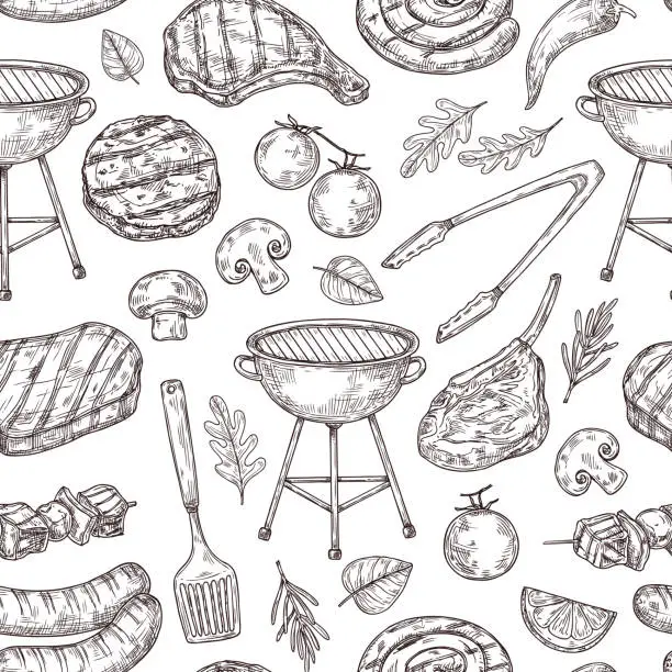 Vector illustration of Bbq seamless pattern. Healthy pork grill, barbecue chef party. Restaurant cafe sketch, isolated doodle meat steak. Picnic neoteric vector texture