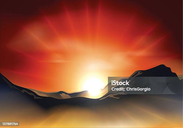 Закатом Или Восходом Солнца Над Горный Хребет — стоковая векторная графика и другие изображения на тему Вдохновение - Вдохновение, Векторная графика, Величественный