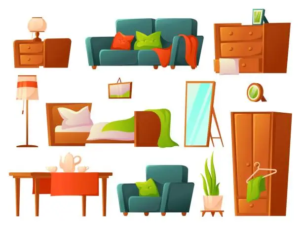 Vector illustration of Cartoon furniture. Bed, lounge furnitures. Cozy house room elements, isolated sofa, arm chair, table. Lamps and wardrobe, decor for apartment, neat vector set