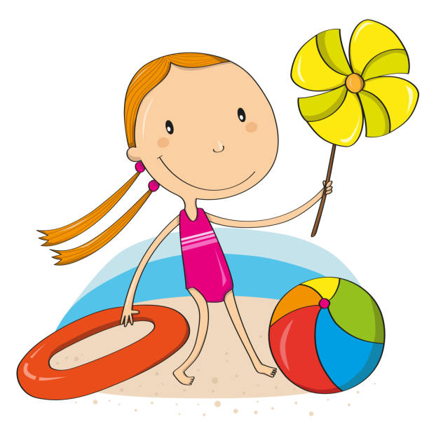 ilustrações de stock, clip art, desenhos animados e ícones de little girl in the beach - swimwear child inner tube little girls