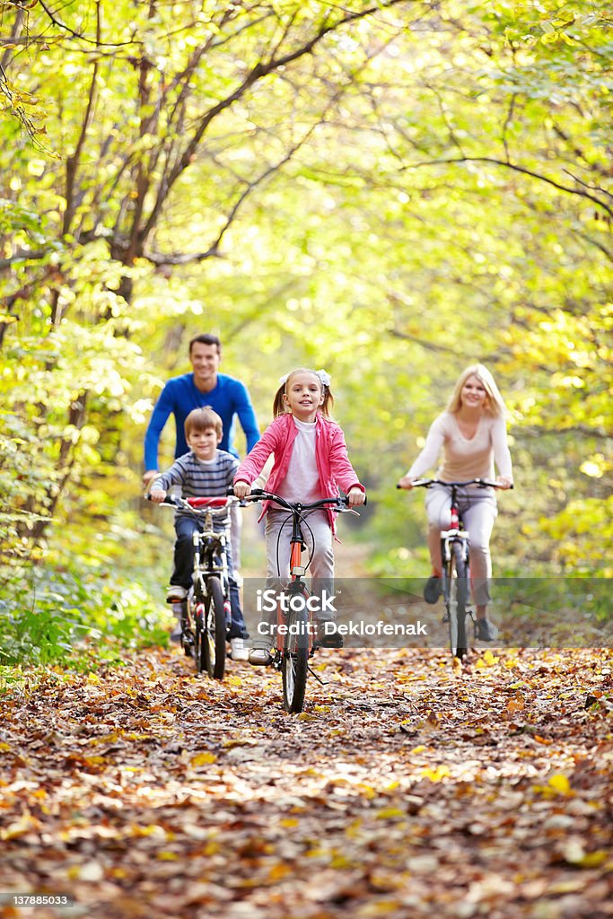 Riding on bicycles Family on bikes in the park Family Stock Photo