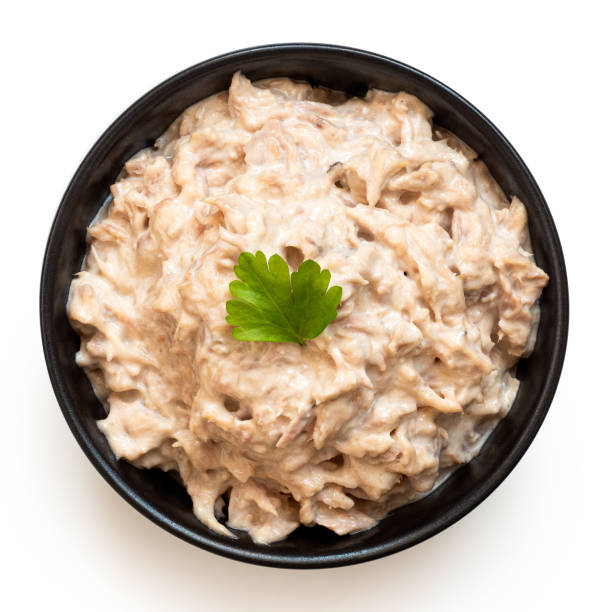 istock Tuna mayonnaise in a black ceramic bowl. Top view. 1378851879