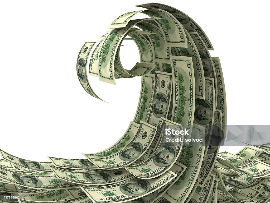 Lots of dollar notes forming a tidal wave Dollars wave isolated on white Wave - Water Stock Photo
