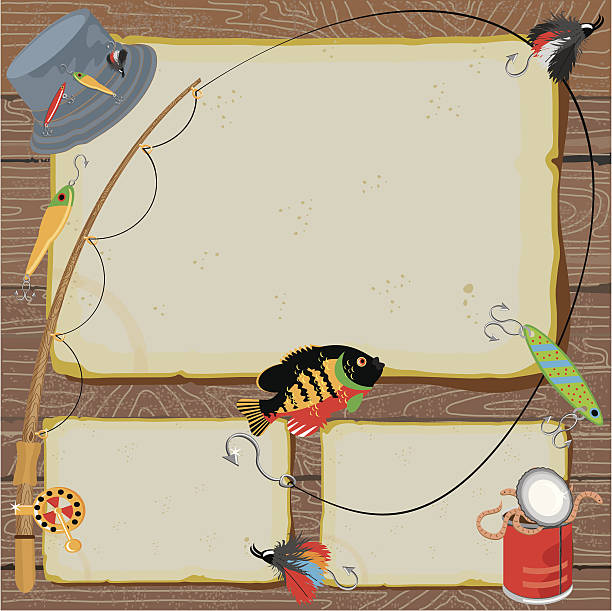 Fishing Party Invitation Card Fishing equipment surrounds old stained paper on a woodgrain background fishing worm stock illustrations
