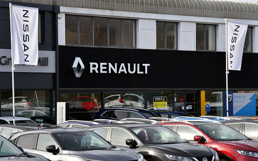 Pontypridd, Wales - February 2022: Used cars for sale on the forecourt of a garage dealersship for Renault and Nissan