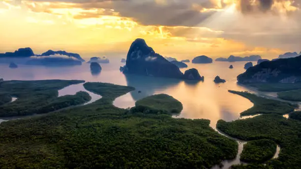 Aerial view of bay Samet Nangshe. Unseen viewpoint of island in the sea with mangrove forest in the morning. Samet Nangshe, Phang nga, Thailand