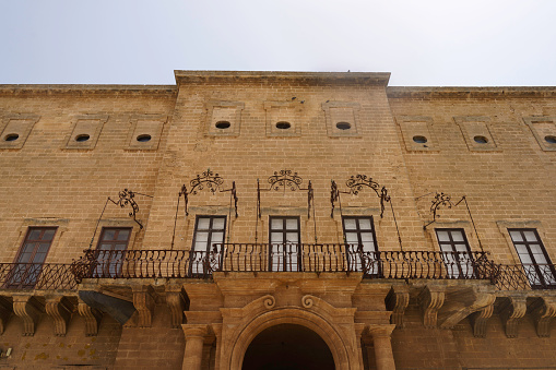 Manduria, Italy - June 23, 2021: Manduria, Taranto province, Apulia, Italy: exterior of the historic palace Imperiali-Filotico, built in the 18th century