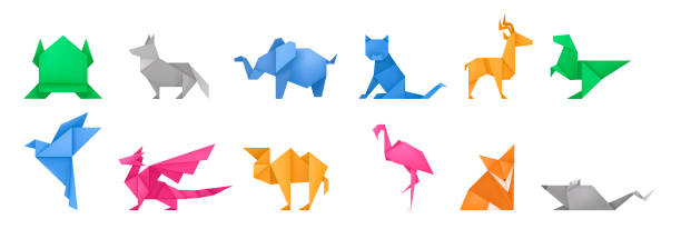 ilustrações, clipart, desenhos animados e ícones de animais de origami diferentes brinquedos de papel conjunto vetor - origami
