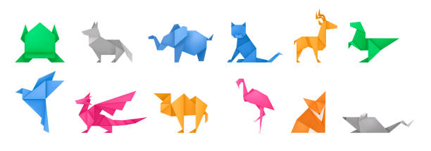 Origami animals different paper toys set vector Origami animals different paper toys set frog, bird, camel, mouse, cat, deer, fox, dragon, elephant, dinosaur, flamingo, wolf cartoon geometric game toys japanese paper origami wildlife symbol vector origami stock illustrations