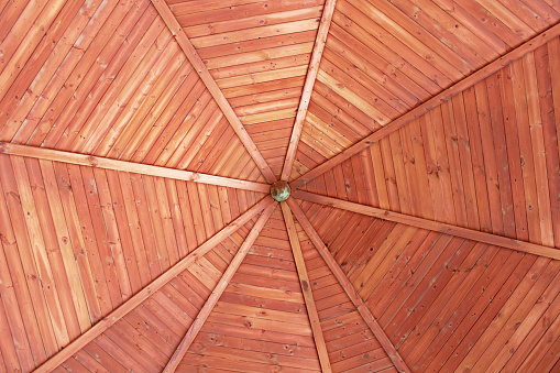 Wooden round roof. Bottom-up view. Close-up. Background. Texture.