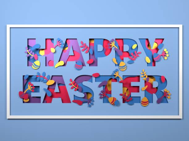 Abstract paper cut 3D illustration of paper art happy easter text, flowers and Easter eggs. Happy easter greeting card template in paper art style. Easter and celebration concepts. Easy to crop for all print, social media and other design sizes.