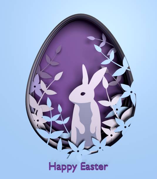 Abstract paper cut 3D illustration of paper art easter rabbit, flowers and purple egg shape. Happy easter greeting card template in paper art style. Easter and celebration concepts. Easy to crop for all print, social media and other design sizes.