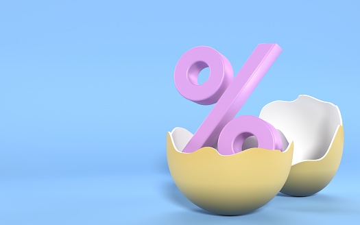 Open easter egg with percentage sign isolated on blue background with copy space. Easter and celebration concepts. Easy to crop for all print, social media and other design sizes.