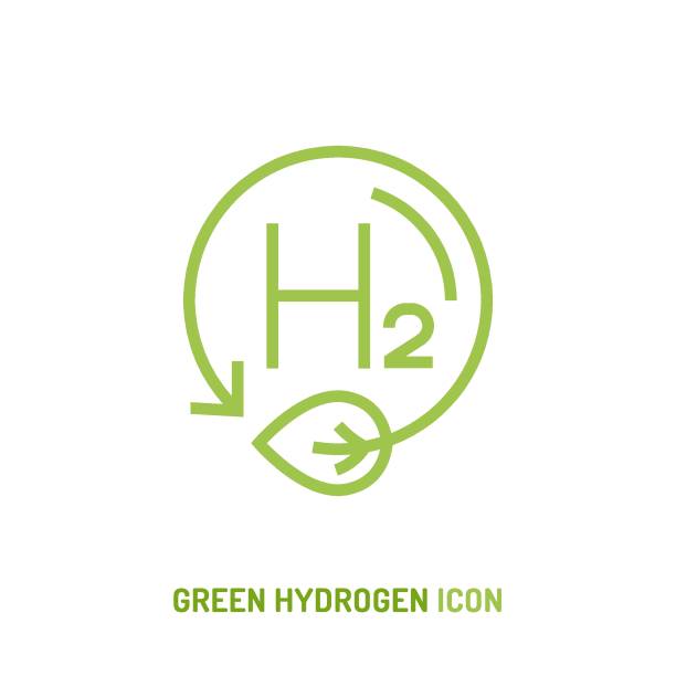 Green hydrogen production symbol. Editable vector illustration H2 symbol. Green hydrogen production. Renewable energy source. Ecological energy. Zero emissions. Ecology, global warming, chemistry sign, icon. Editable vector illustration. Scientific pictogram hydrogen stock illustrations