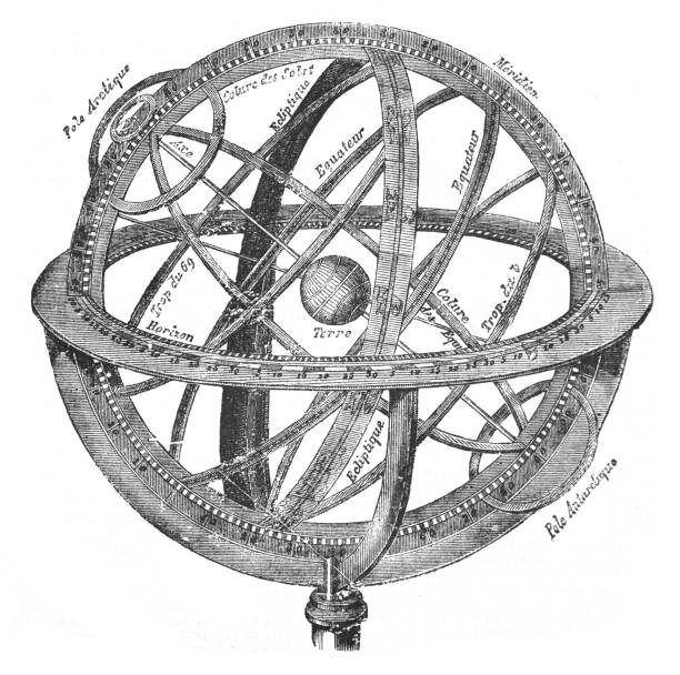 올드 글로브 - 고고학 구 다이어그램 - 빈티지 새겨진 일러스트레이션 - compass drawing compass map cartography stock illustrations