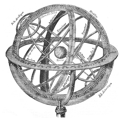 Vintage engraved illustration isolated on white background - Old globe - Armillary sphere diagram