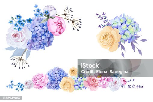 istock Horizontal border of pink peony, rose, lavender, hydrangea, forget-me-not and bouquet of flowers. Floral set isolated on white background. Hand drawn watercolor. 1378939057