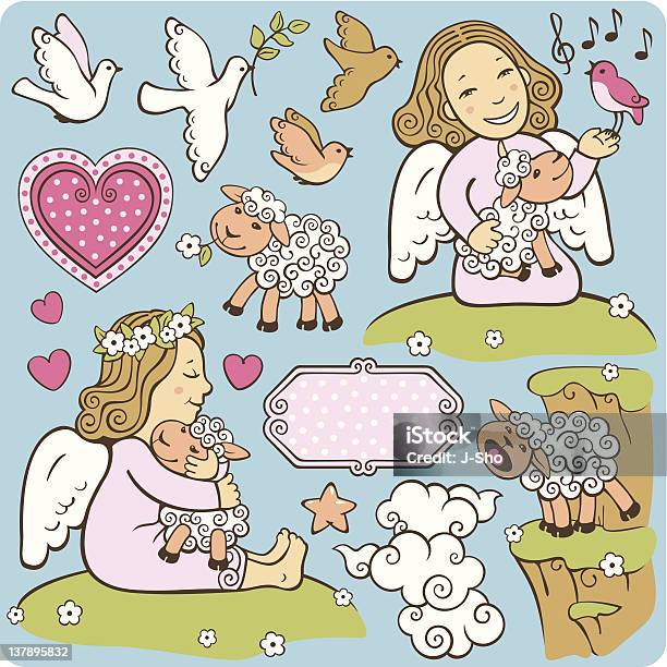 Anjos Com Cordeiros - Arte vetorial de stock e mais imagens de Amizade - Amizade, Amor, Animal