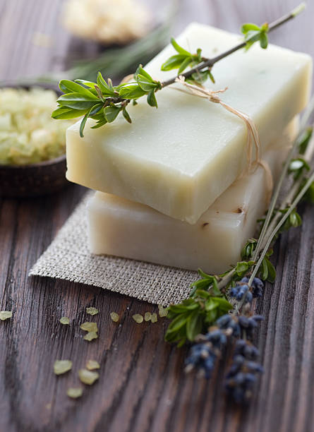 istock Decorative cream colored bath bat and lavender sprigs 137896431