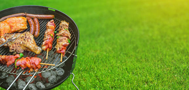Delicious grilled meat with vegetables sizzling over the coals on barbecue Delicious grilled meat with vegetables sizzling over the coals on barbecue chicken skewer stock pictures, royalty-free photos & images