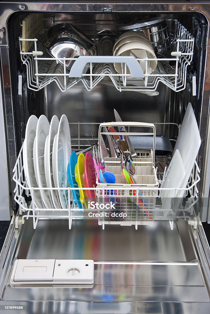 Packed dishwasher of clean dishes Packed dishwasher of clean dishes for a family Appliance Stock Photo
