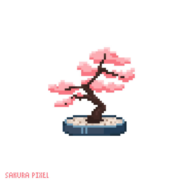 pixel art bonsai sakura ikona. wektorowa 8-bitowa ilustracja azjatyckiego kwiatu wiśni bonsai. - needlecraft product embroidery cross stitch flower stock illustrations