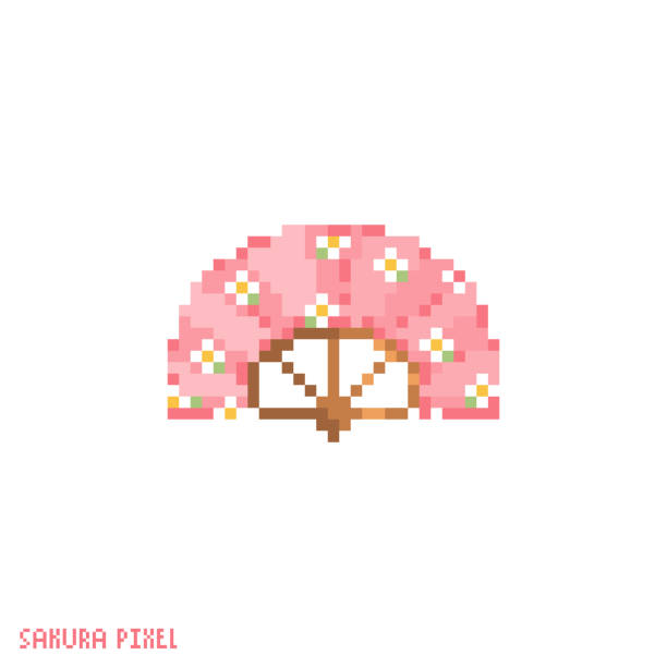 pixel-art-fan-symbol. vector 8 bit stil illustration des traditionellen handfächers von japan. klassische rosa weibliche fan dekorative orientalische frühling hanami element der retro-videospiel computergrafik. - flower floral pattern spring computer graphic stock-grafiken, -clipart, -cartoons und -symbole